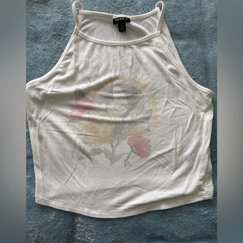 Torrid Floral Butterfly Everyday Rib Goddess Tank in White Size 0